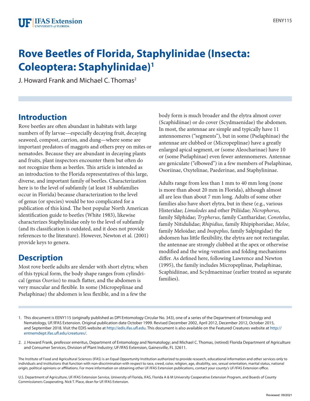 Rove Beetles of Florida, Staphylinidae (Insecta: Coleoptera: Staphylinidae)1 J