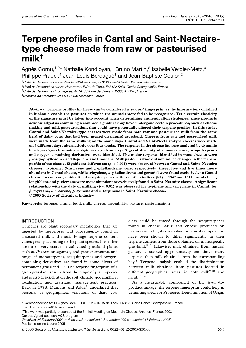 Terpene Profiles in Cantal and Saint-Nectaire-Type Cheese Made