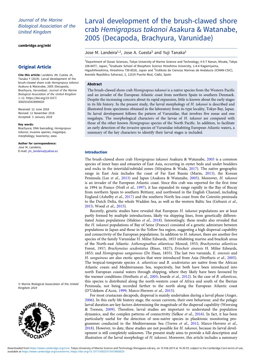 Larval Development of the Brush-Clawed Shore Crab Hemigrapsus Takanoi Abstract Asakura & Watanabe, 2005 (Decapoda, Brachyura, Varunidae)