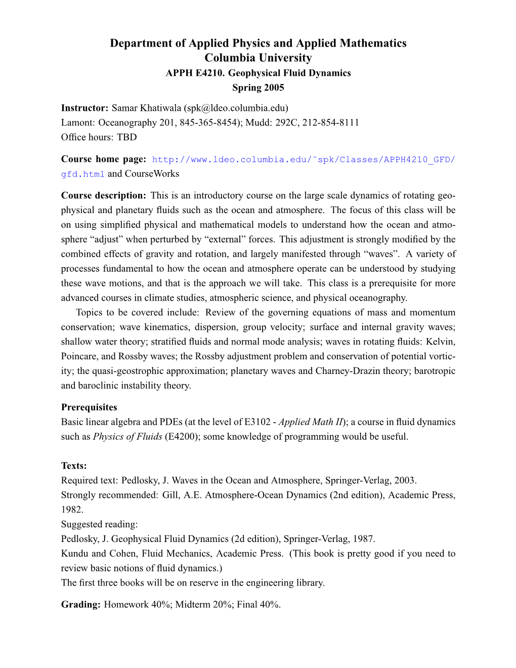 APPH E4210. Geophysical Fluid Dynamics Spring 2005