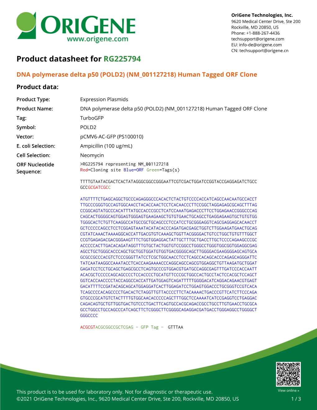 DNA Polymerase Delta P50 (POLD2) (NM 001127218) Human Tagged ORF Clone Product Data