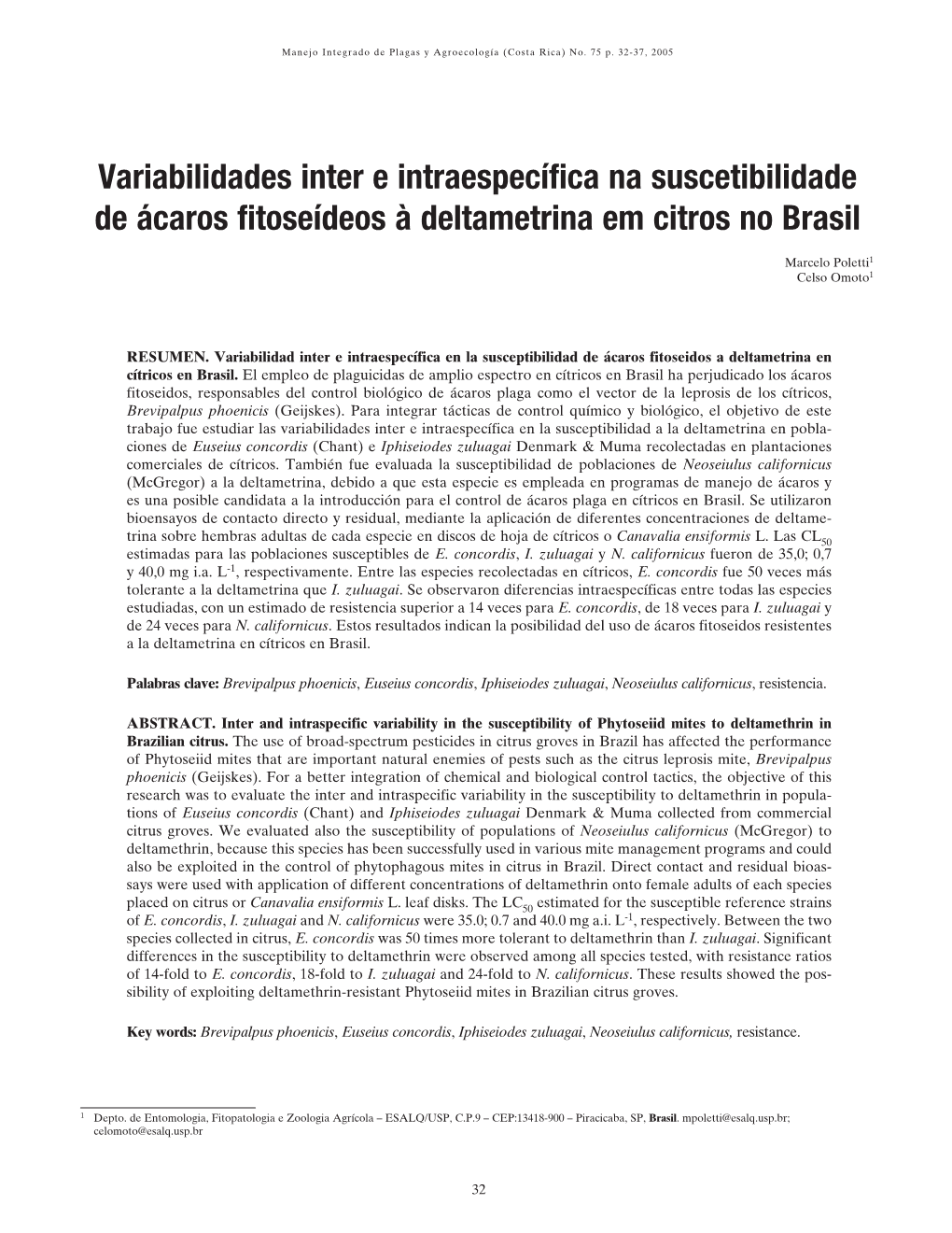 Variabilidades Inter E Intraespecífica Na Suscetibilidade De Ácaros Fitoseídeos À Deltametrina Em Citros No Brasil