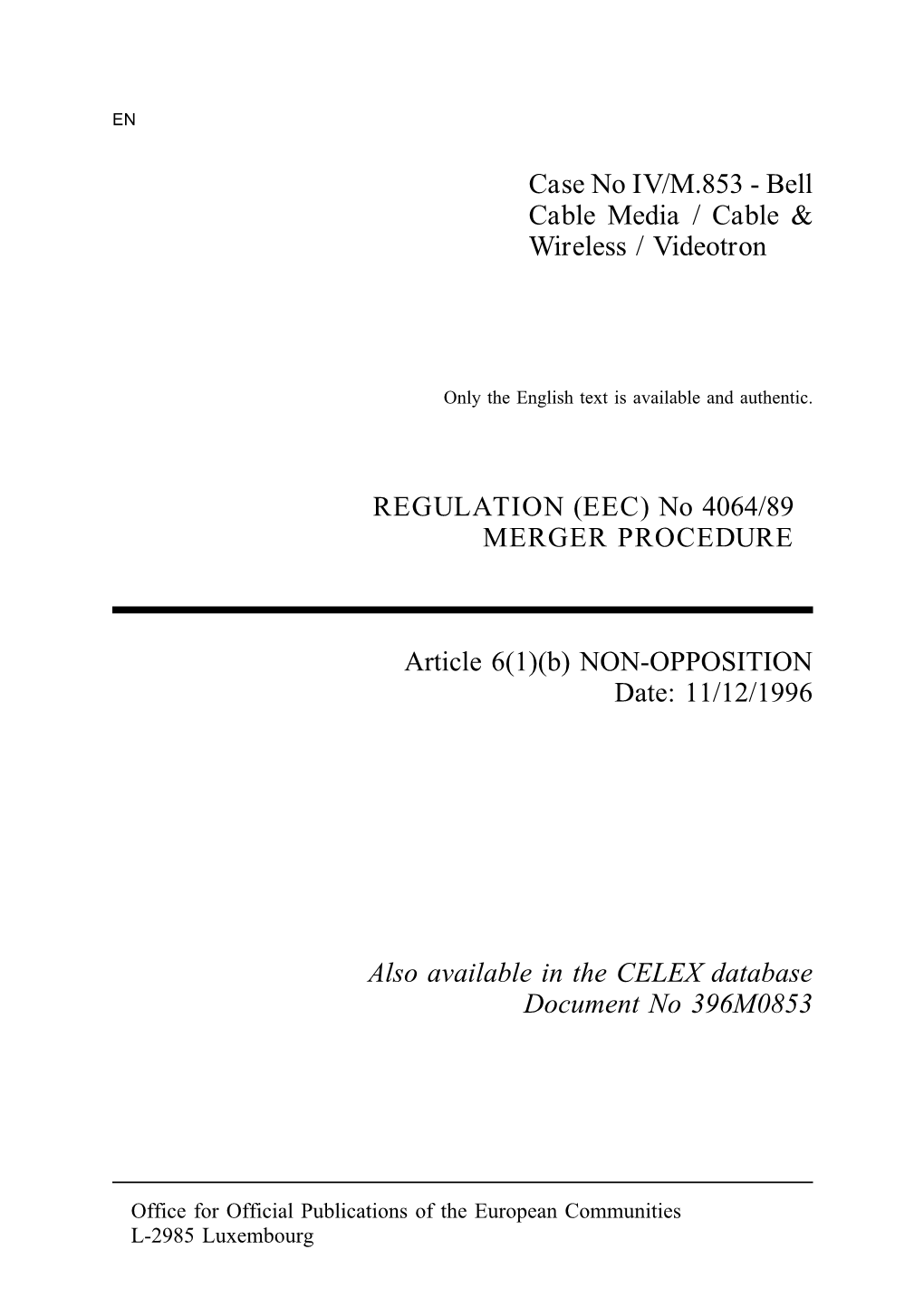 Merger Decision IV/M.853 of 11/12/96