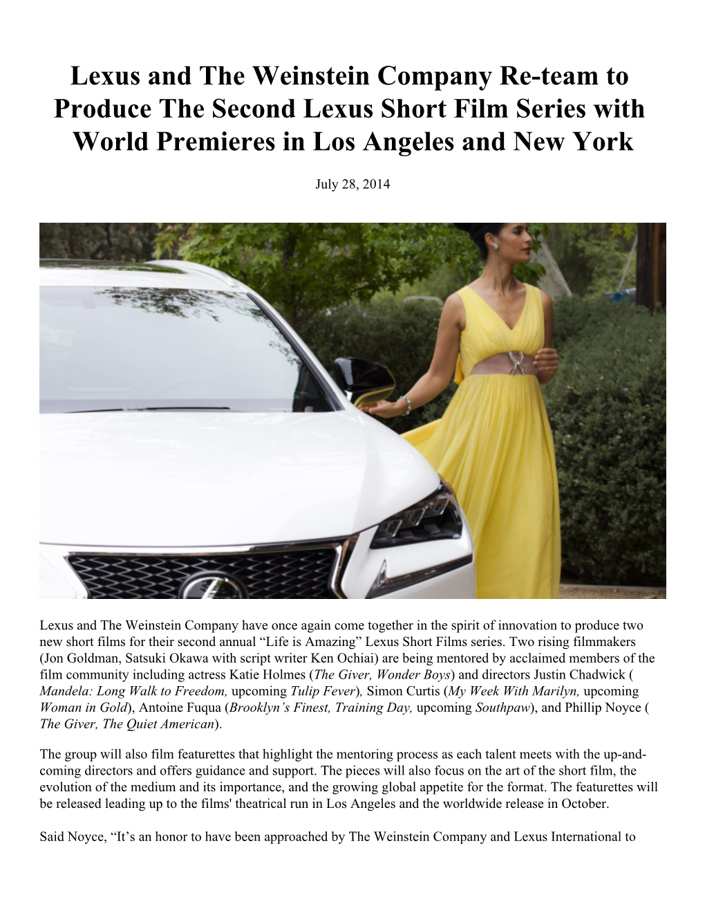 Lexus and the Weinstein Company Re-Team to Produce the Second Lexus Short Film Series with World Premieres in Los Angeles and New York