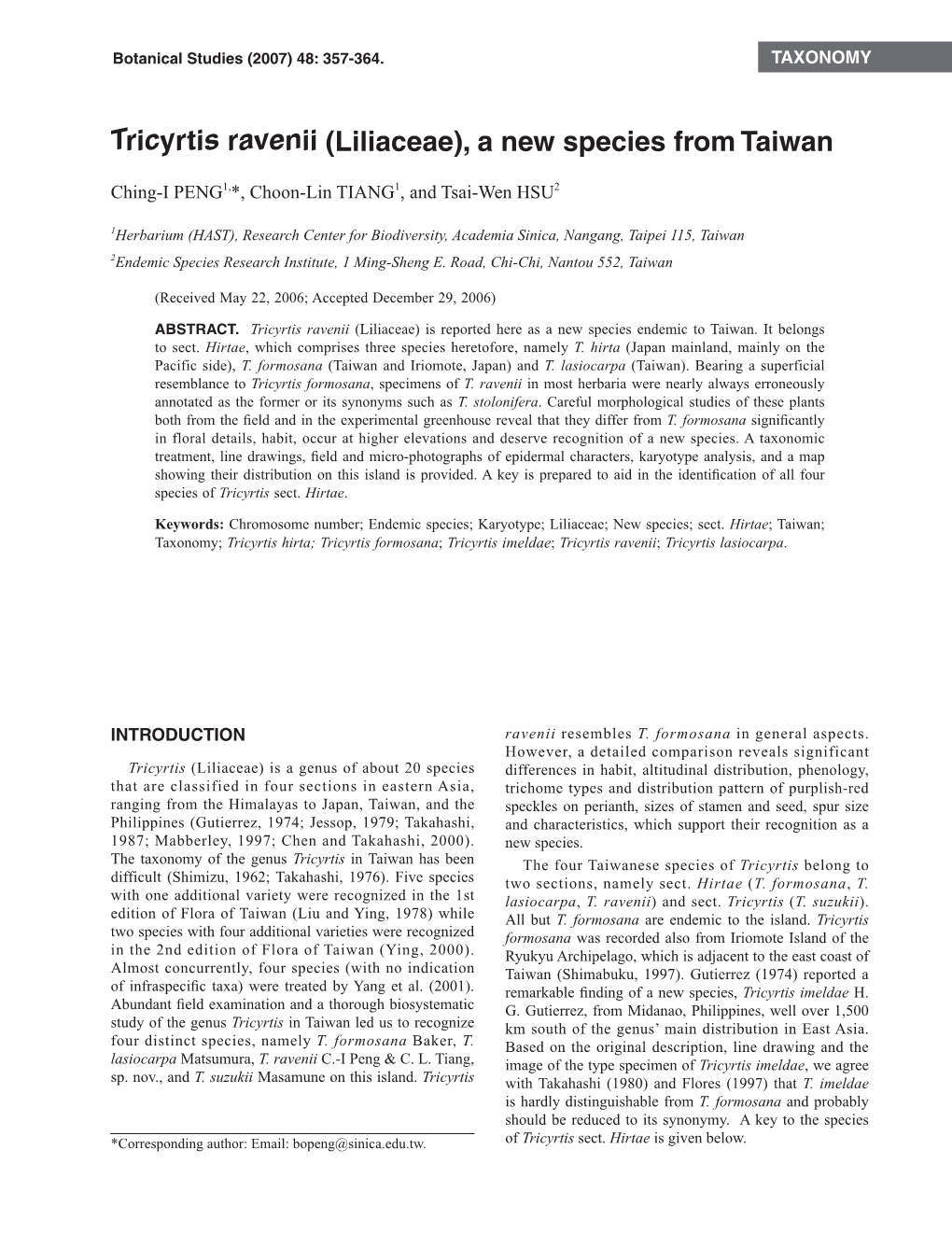 Tricyrtis Ravenii (Liliaceae), a New Species from Taiwan