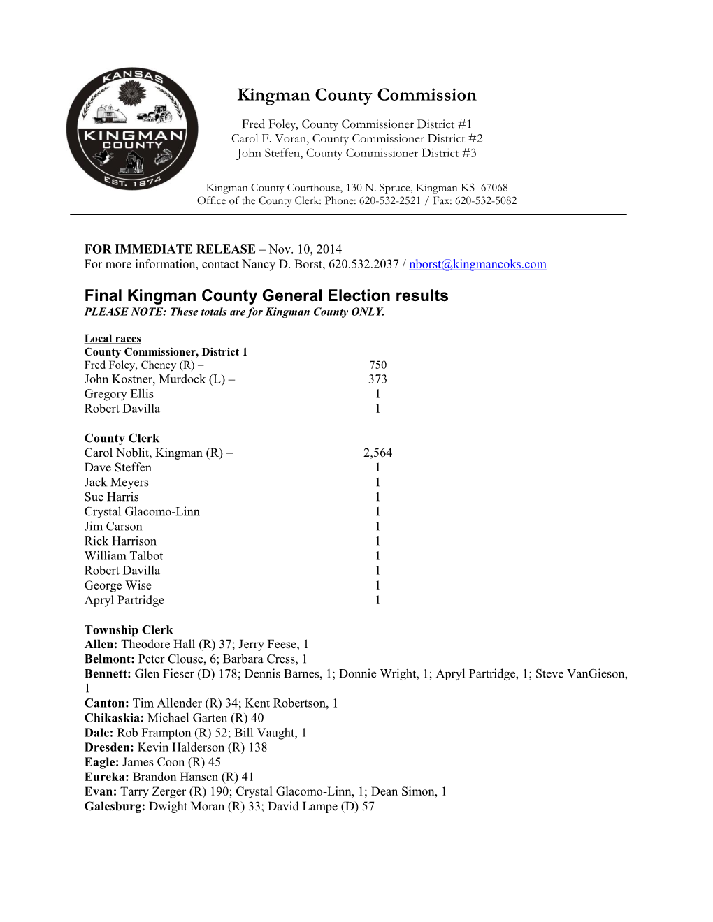 Final 2014 General Election Results for Kingman