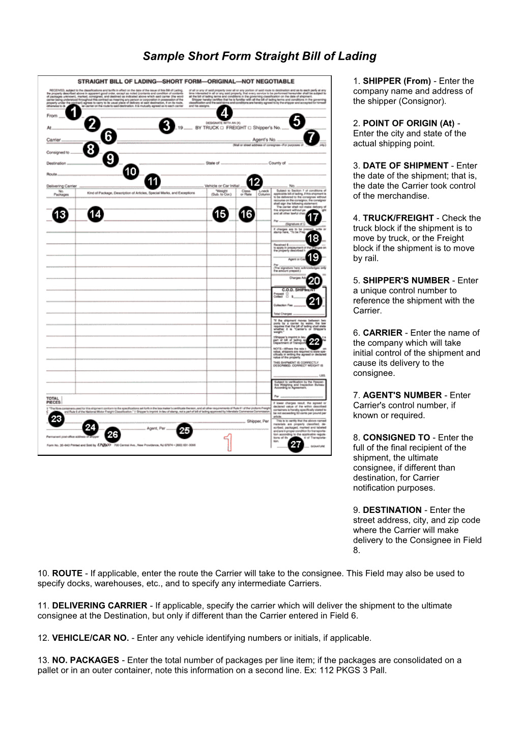 Sample Short Form Straight Bill of Lading