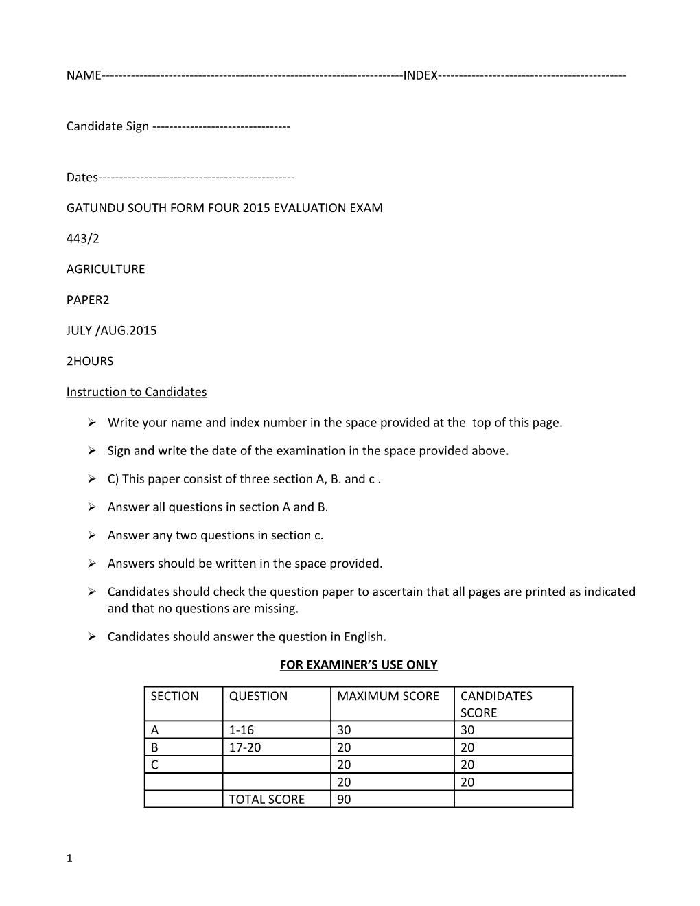 Gatundu South Form Four 2015 Evaluation Exam