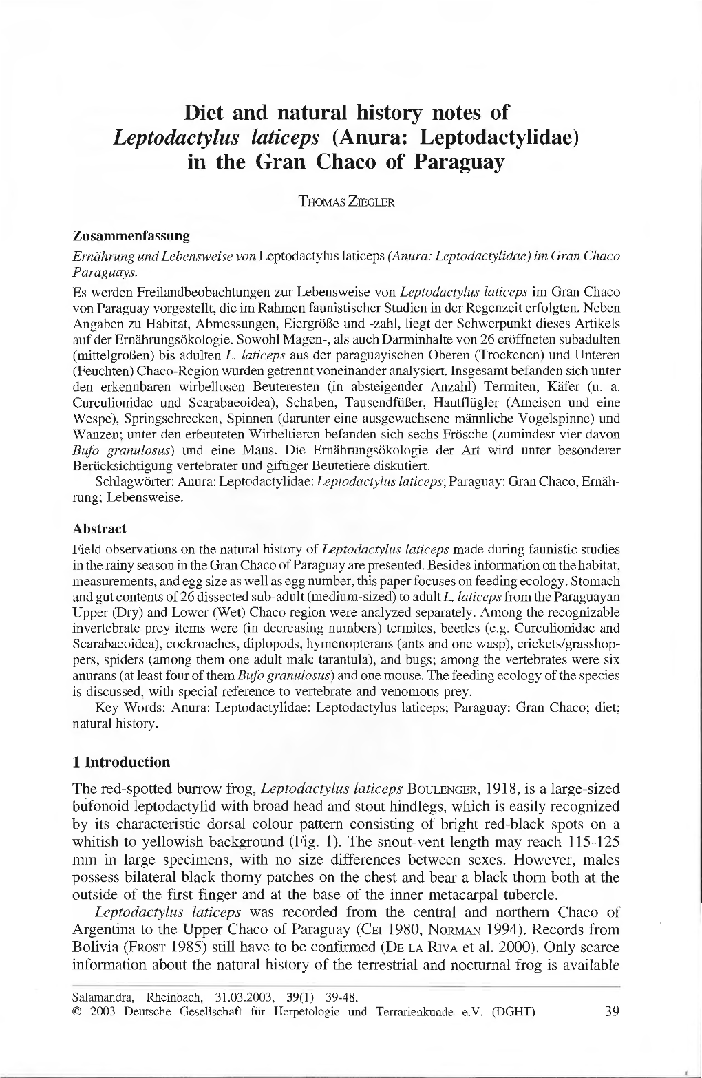 Diet and Natural History Notes of Leptodactylus Laticeps (Anura: Leptodactylidae) in the Gran Chaco of Paraguay