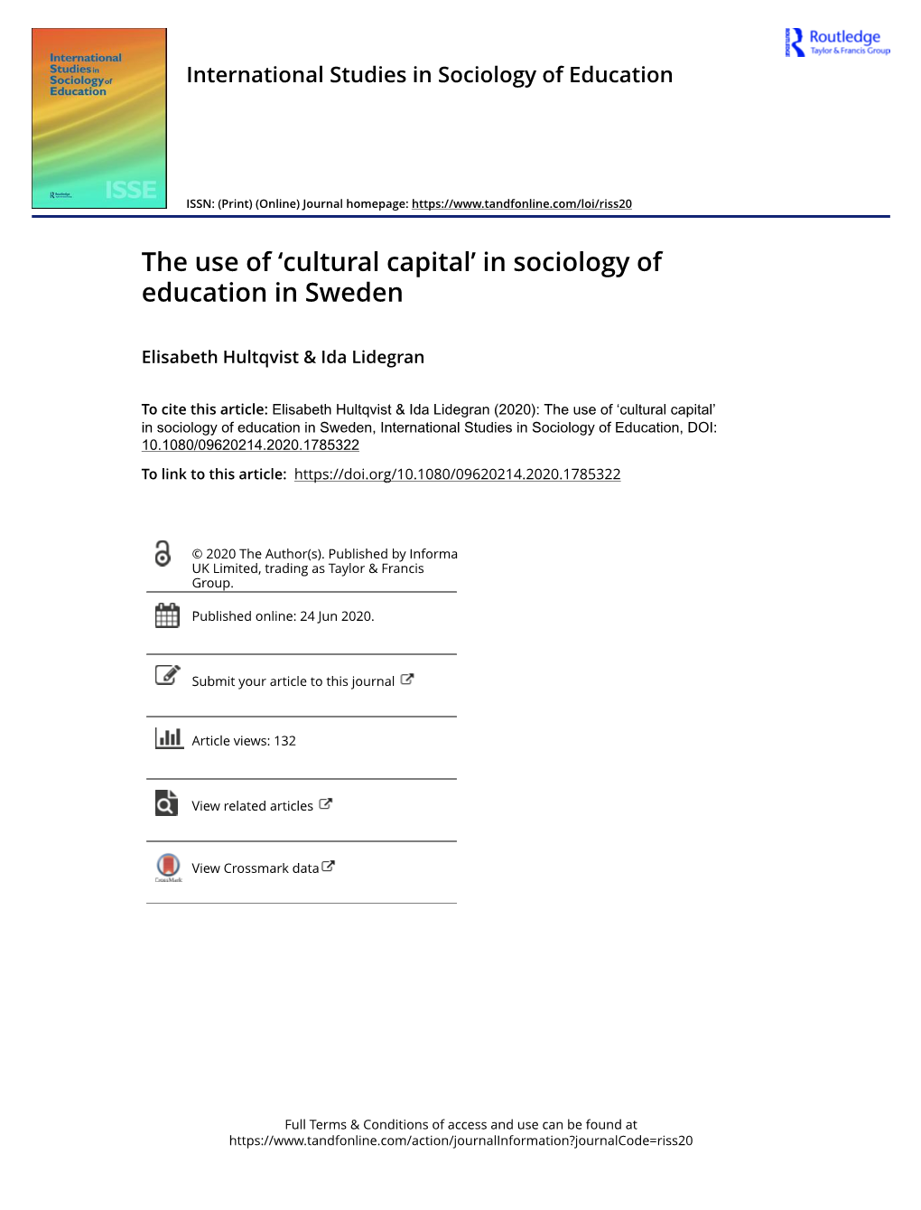 'Cultural Capital' in Sociology of Education in Sweden