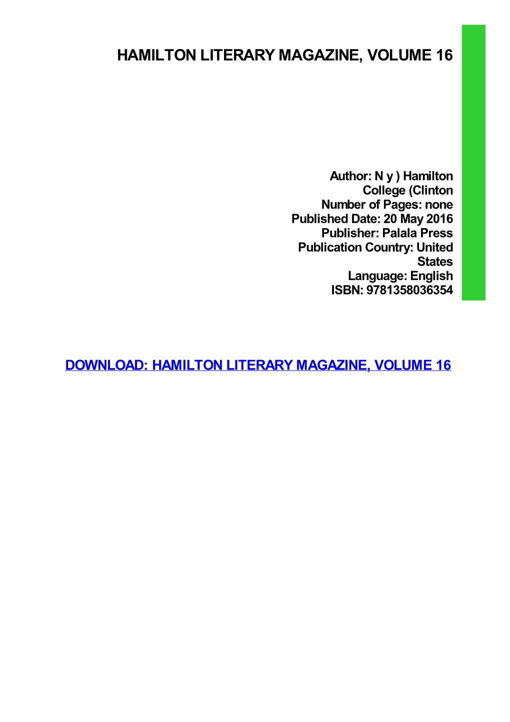 Read Book Hamilton Literary Magazine, Volume 16 Kindle