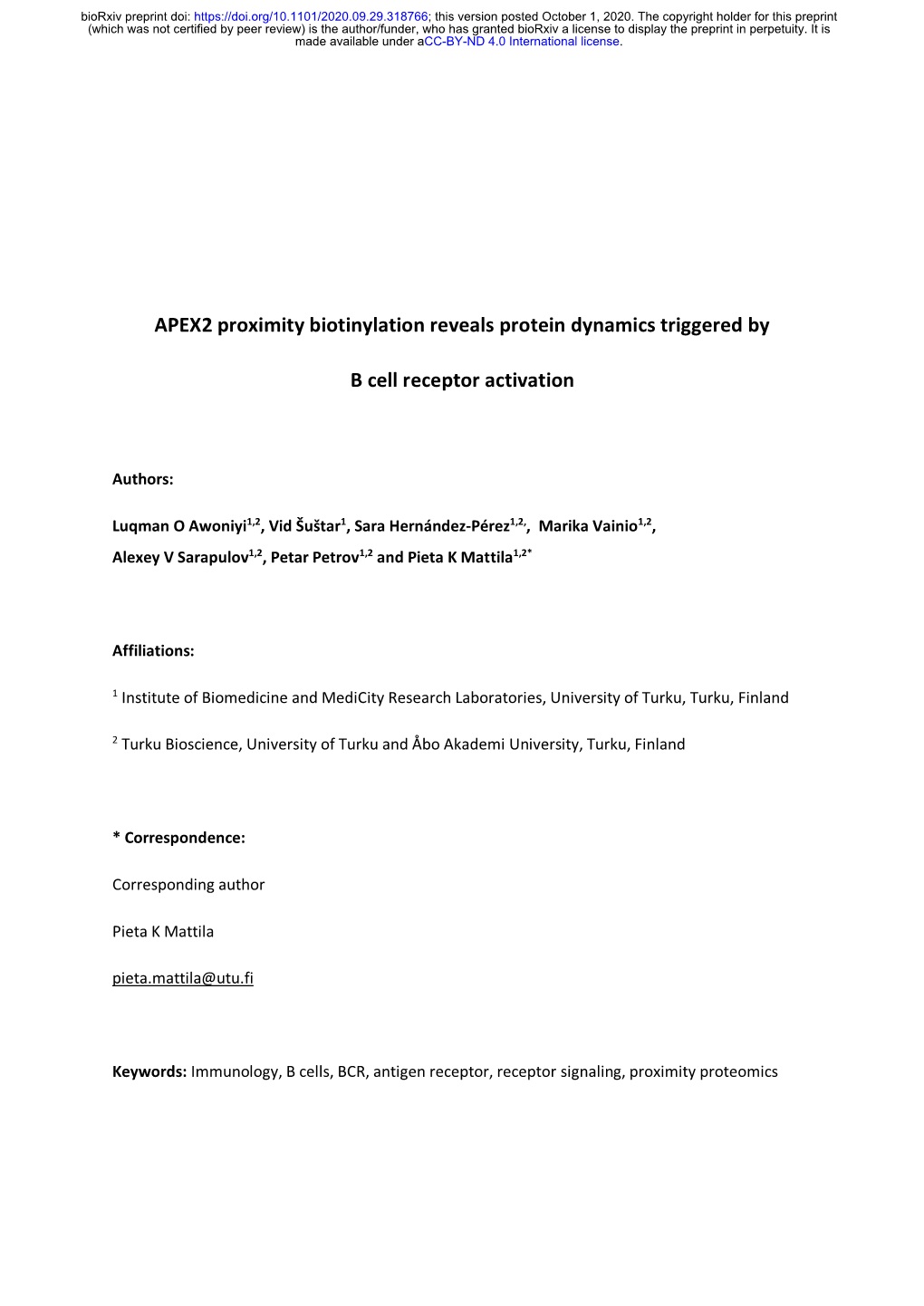 APEX2 Proximity Biotinylation Reveals Protein Dynamics Triggered by B Cell