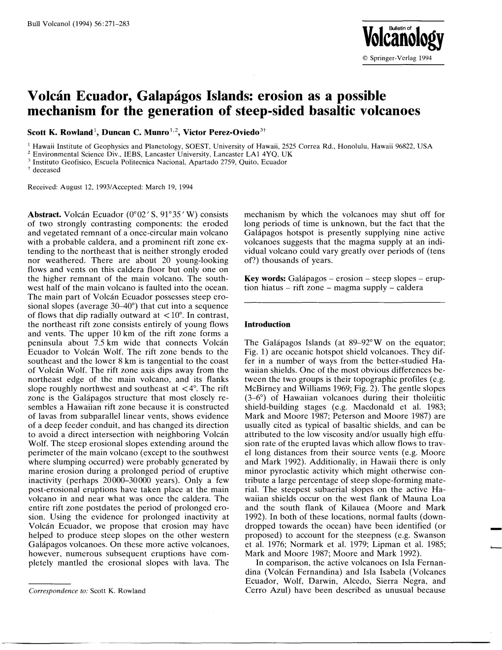 Volcanology © Springer-Verlag 1994 Volcan Ecuador, Galapagos Islands: Erosion As a Possible Mechanism for the Generation of Steep-Sided Basaltic Volcanoes