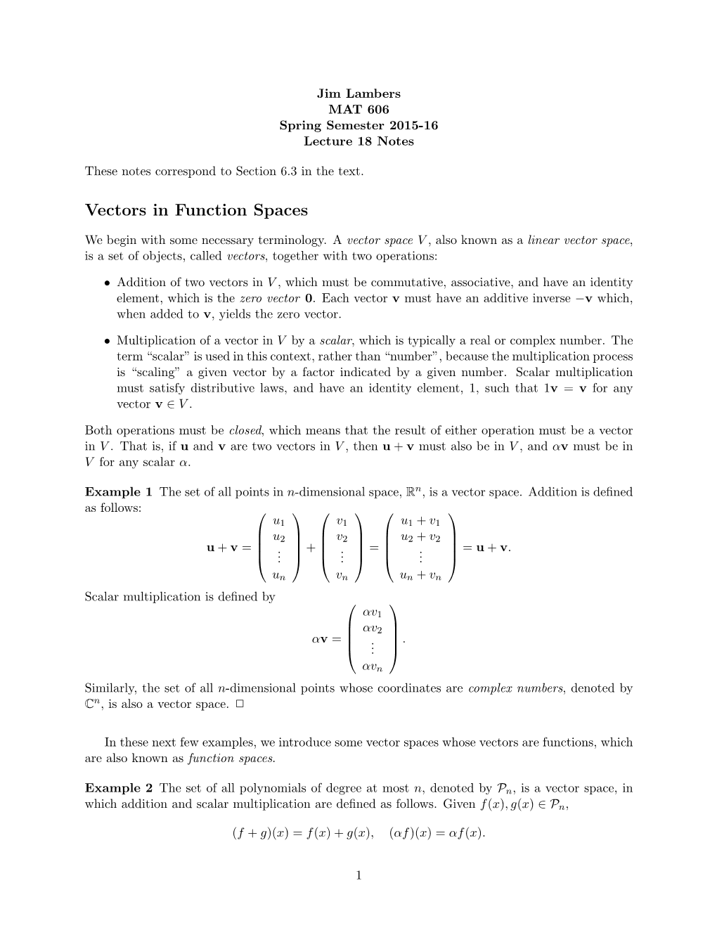 Vectors in Function Spaces