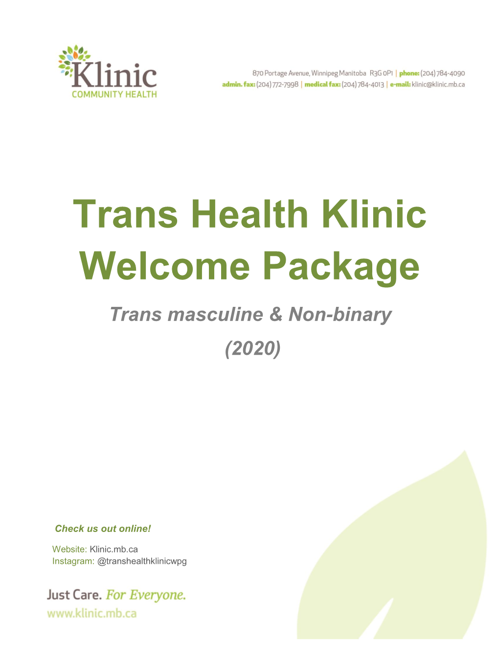 Trans Health Klinic Welcome Package Trans Masculine & Non-Binary (2020)