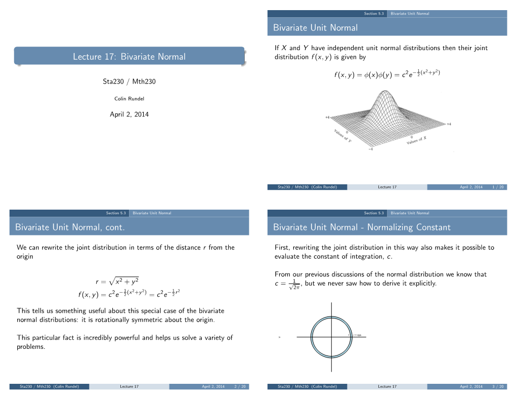 Lecture 17: Bivariate Normal Distribution F (X, Y) Is Given By