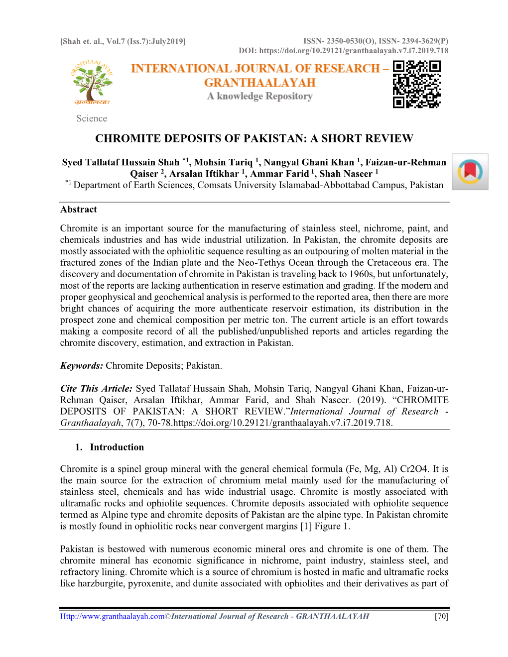 Science CHROMITE DEPOSITS of PAKISTAN: a SHORT REVIEW