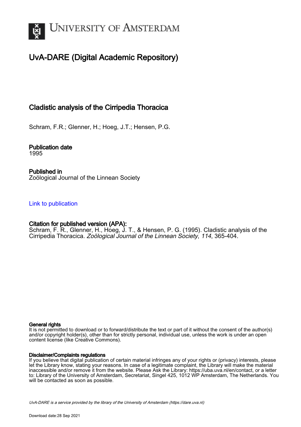 Cladistic Analysis of the Cirripedia Thoracica