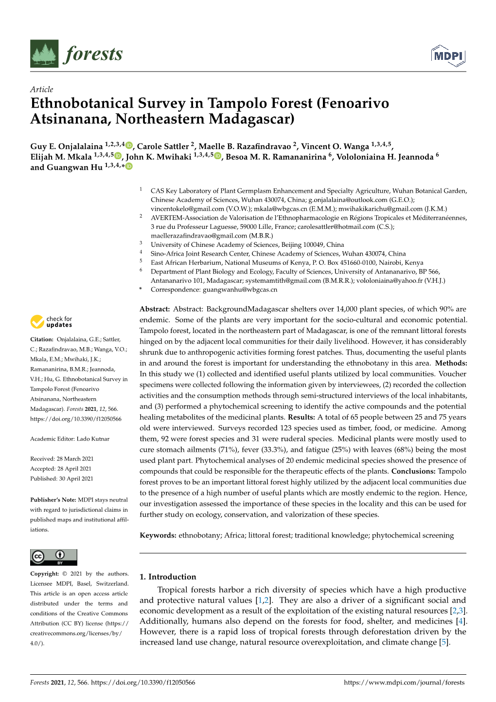 Ethnobotanical Survey in Tampolo Forest (Fenoarivo Atsinanana, Northeastern Madagascar)