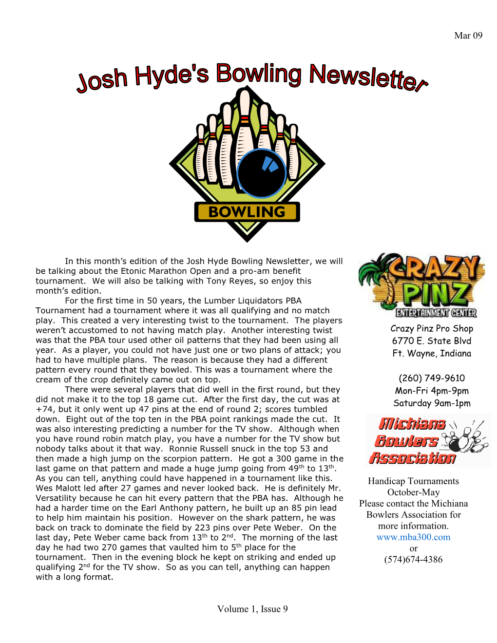 Mar 09 Volume 1, Issue 9 Handicap Tournaments October-May Please