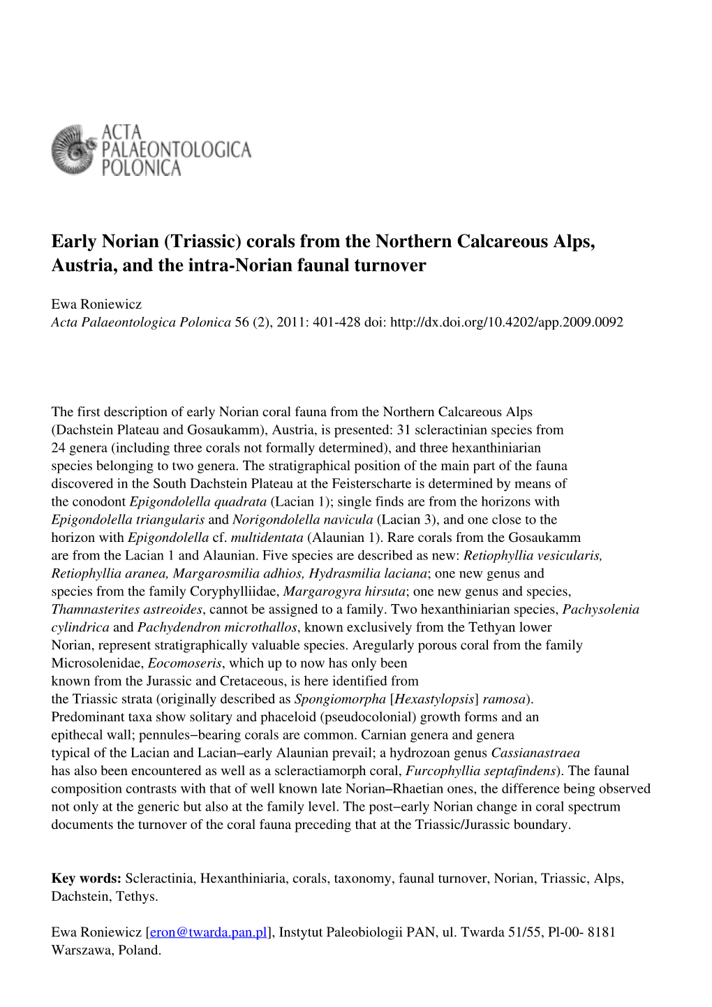 (Triassic) Corals from the Northern Calcareous Alps, Austria, and the Intra-Norian Faunal Turnover