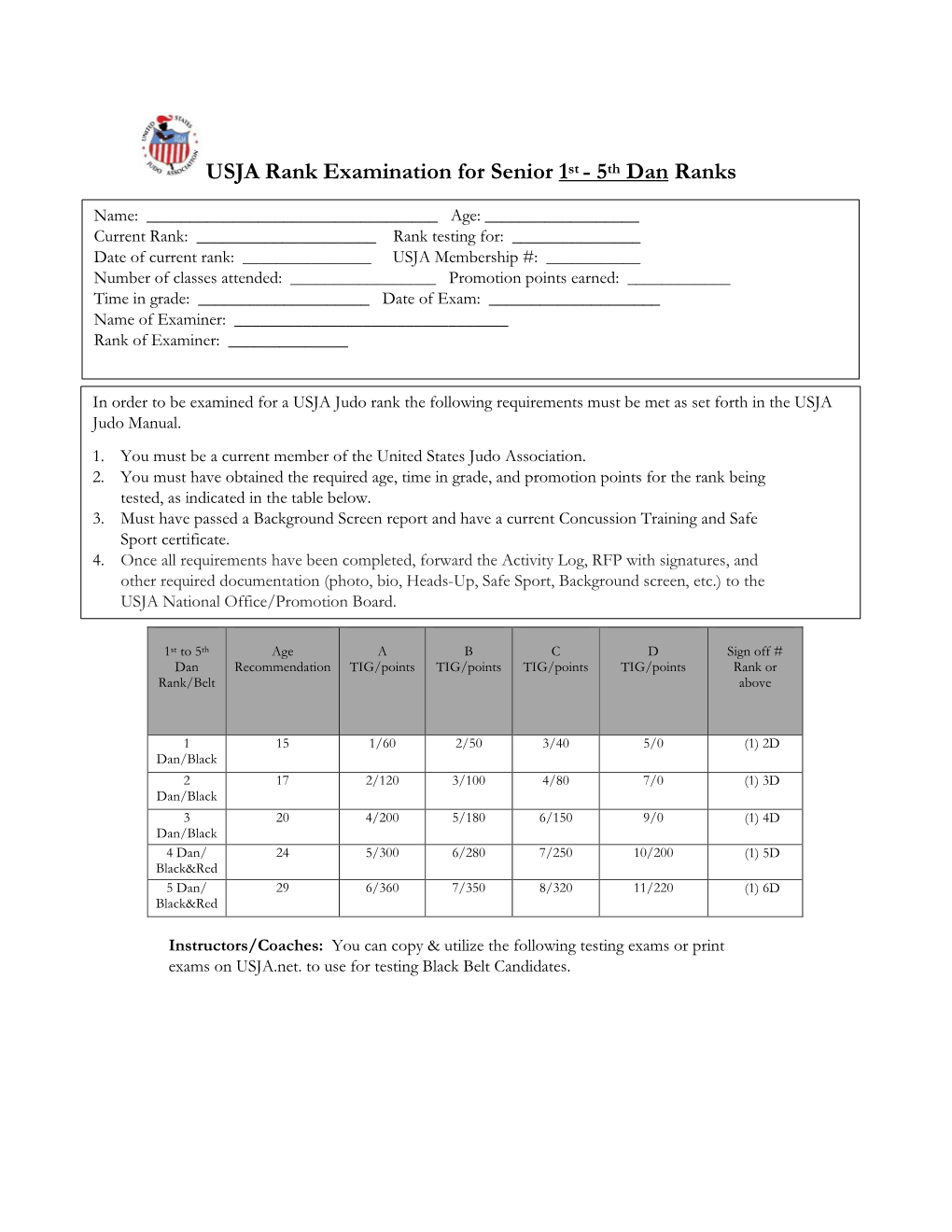 USJA Rank Examination for Senior 1St - 5Th Dan Ranks