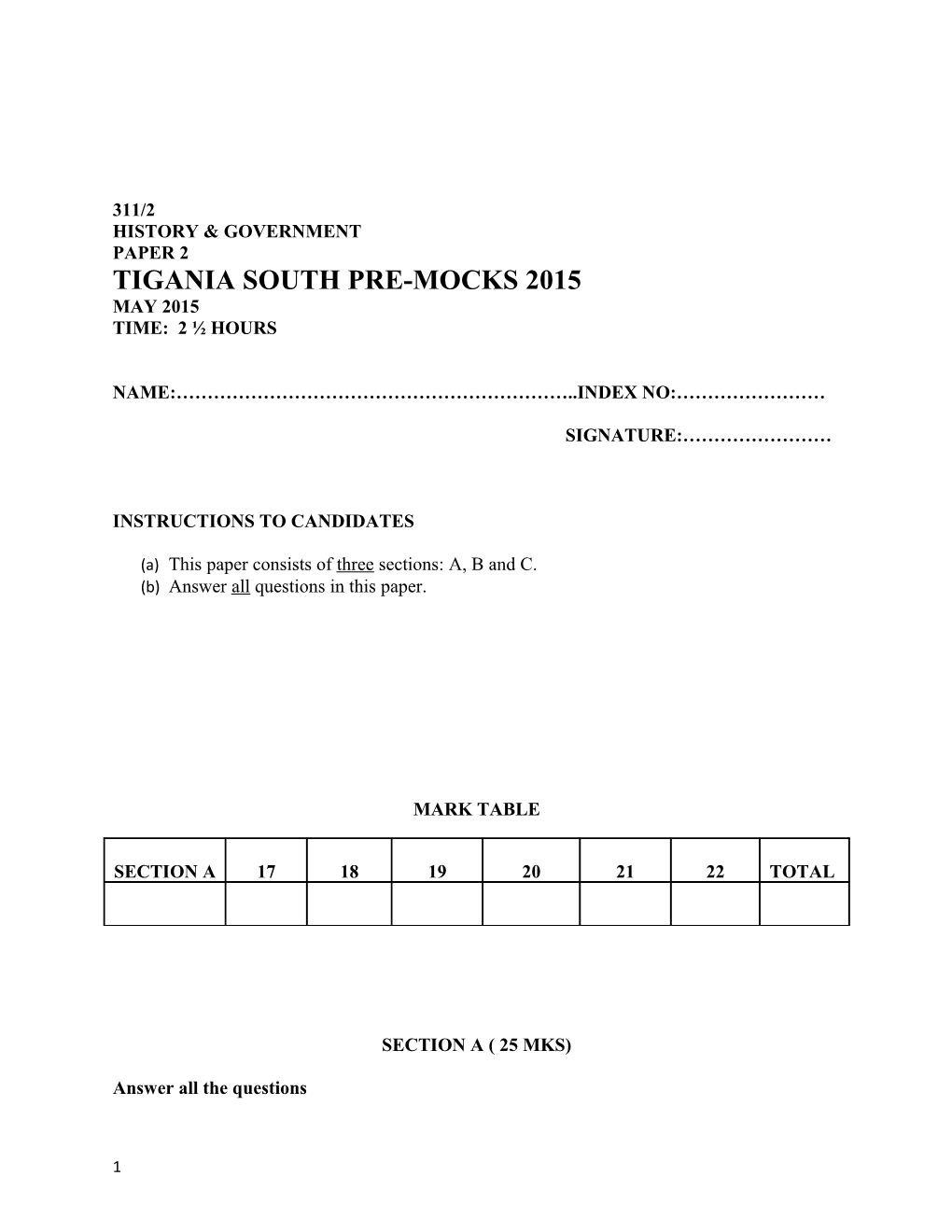 Tigania South Pre-Mocks 2015