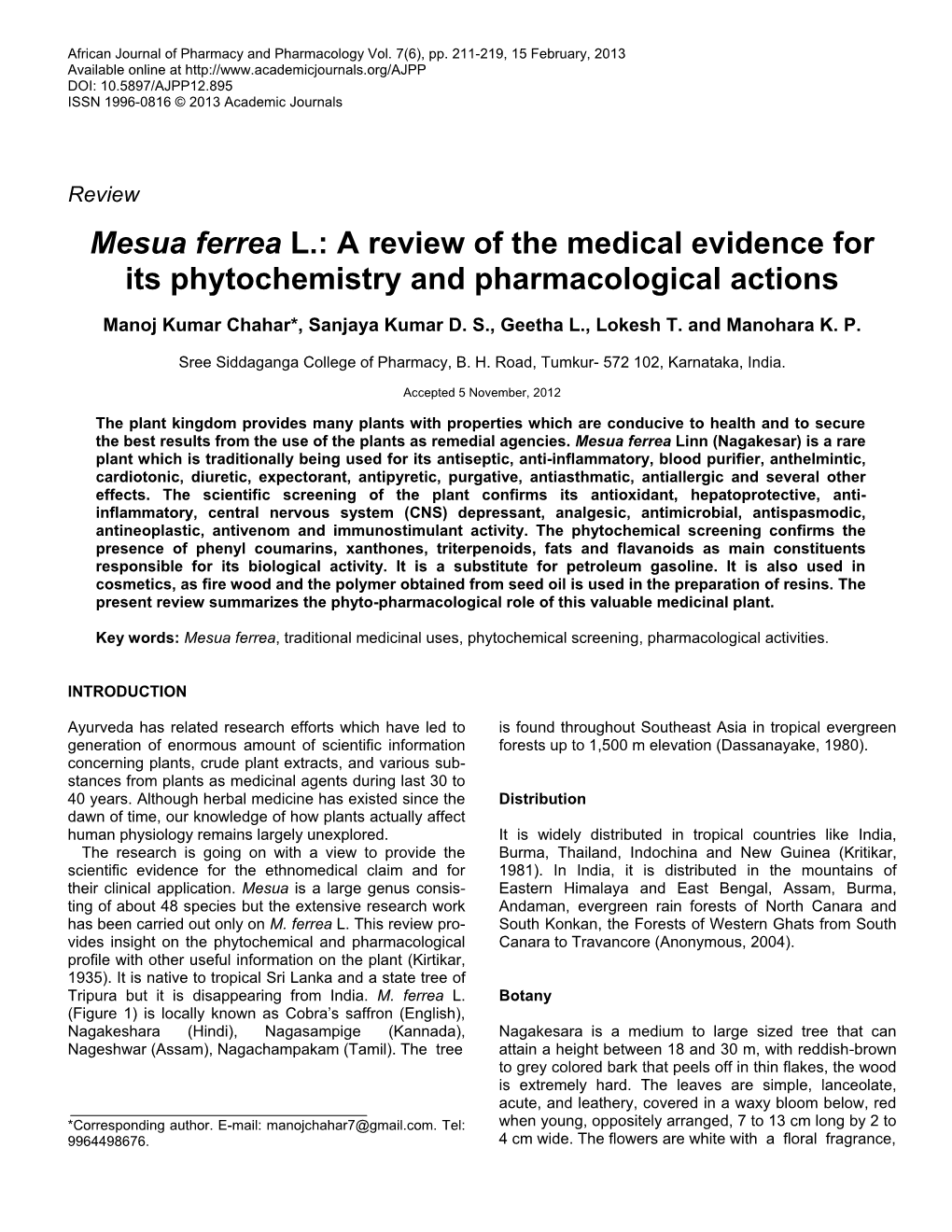 Mesua Ferrea L.: a Review of the Medical Evidence for Its Phytochemistry and Pharmacological Actions