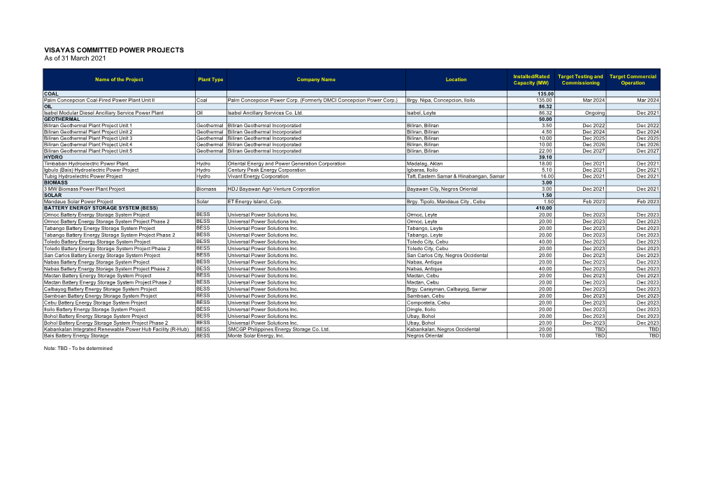 2021 Private Sector Initiated Power Projects in Visayas (Committed)