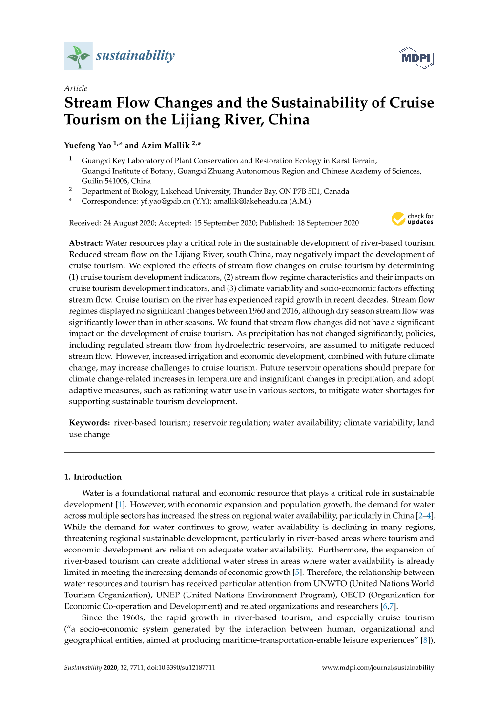 Stream Flow Changes and the Sustainability of Cruise Tourism on the Lijiang River, China