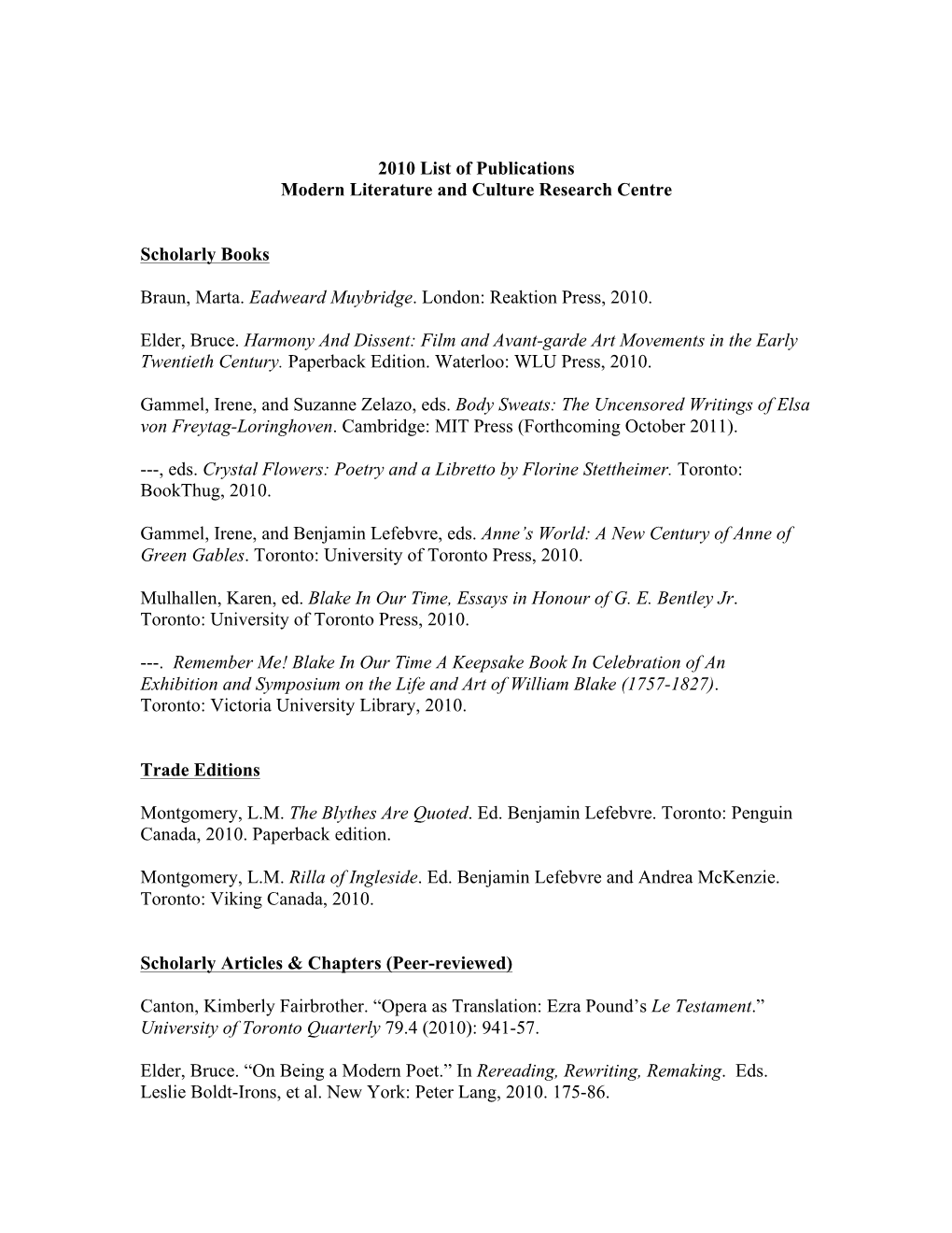 2010 List of Publications Modern Literature and Culture Research Centre