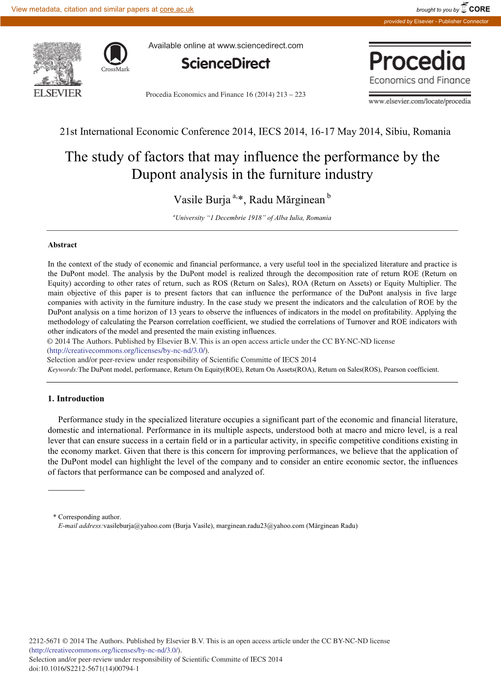 The Study of Factors That May Influence the Performance by the Dupont Analysis in the Furniture Industry