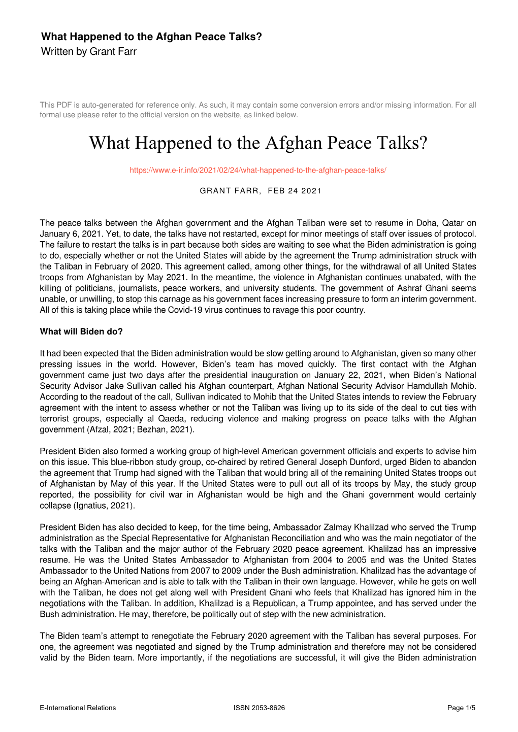 What Happened to the Afghan Peace Talks? Written by Grant Farr