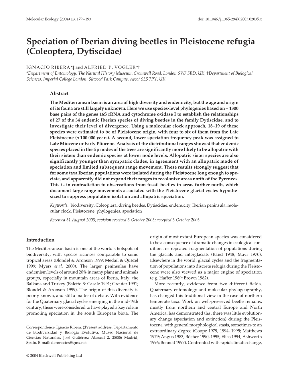 Speciation of Iberian Diving Beetles in Pleistocene Refugia (Coleoptera