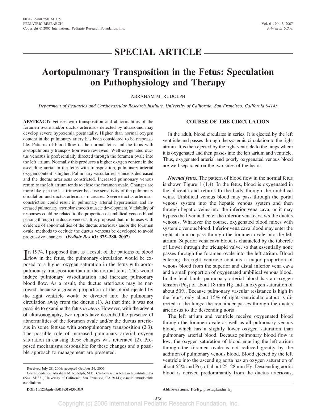 SPECIAL ARTICLE Aortopulmonary Transposition in the Fetus