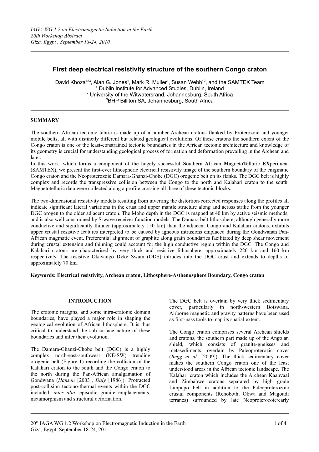 First Deep Electrical Resistivity Structure of the Southern Congo Craton