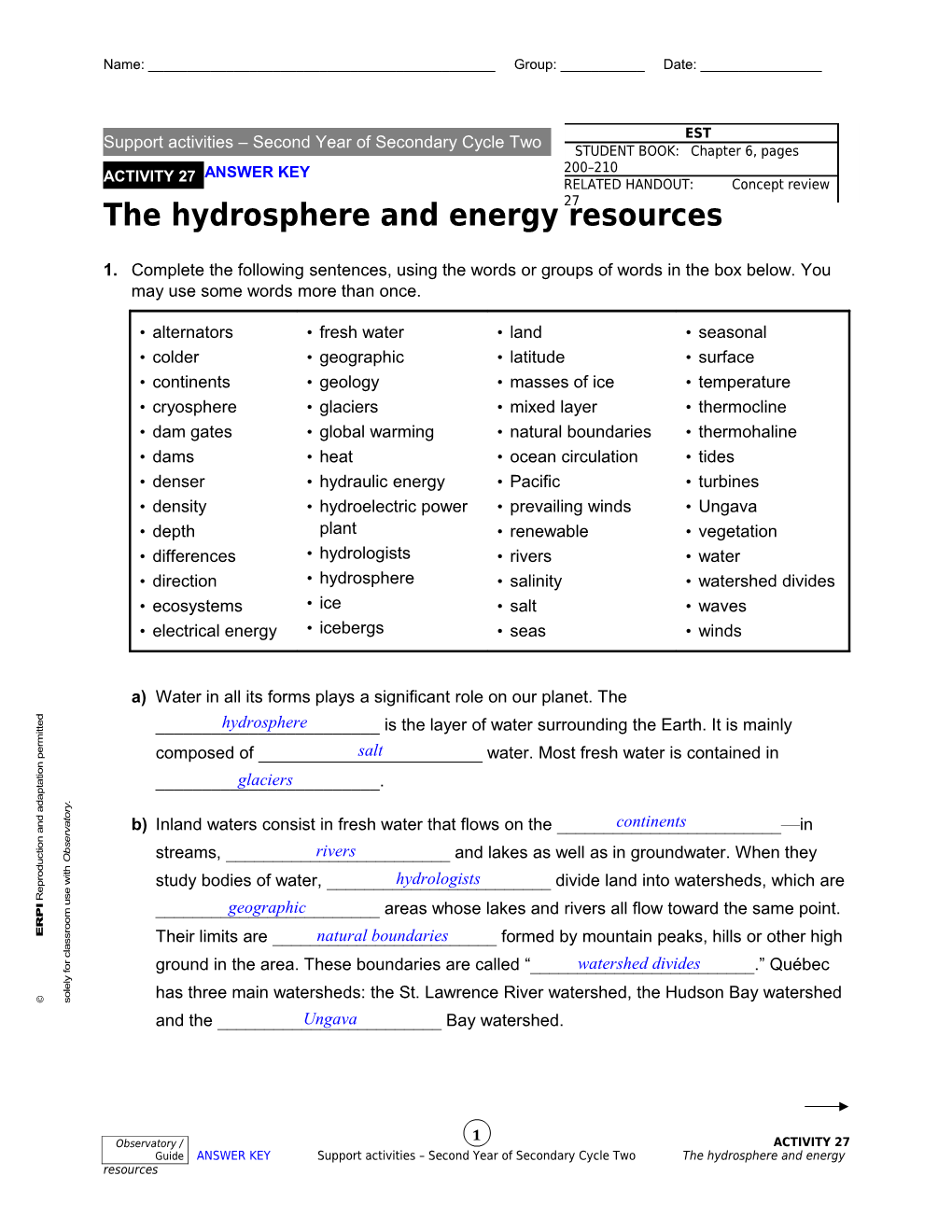 L Hydrosphère Et Les Ressources Énergétiques