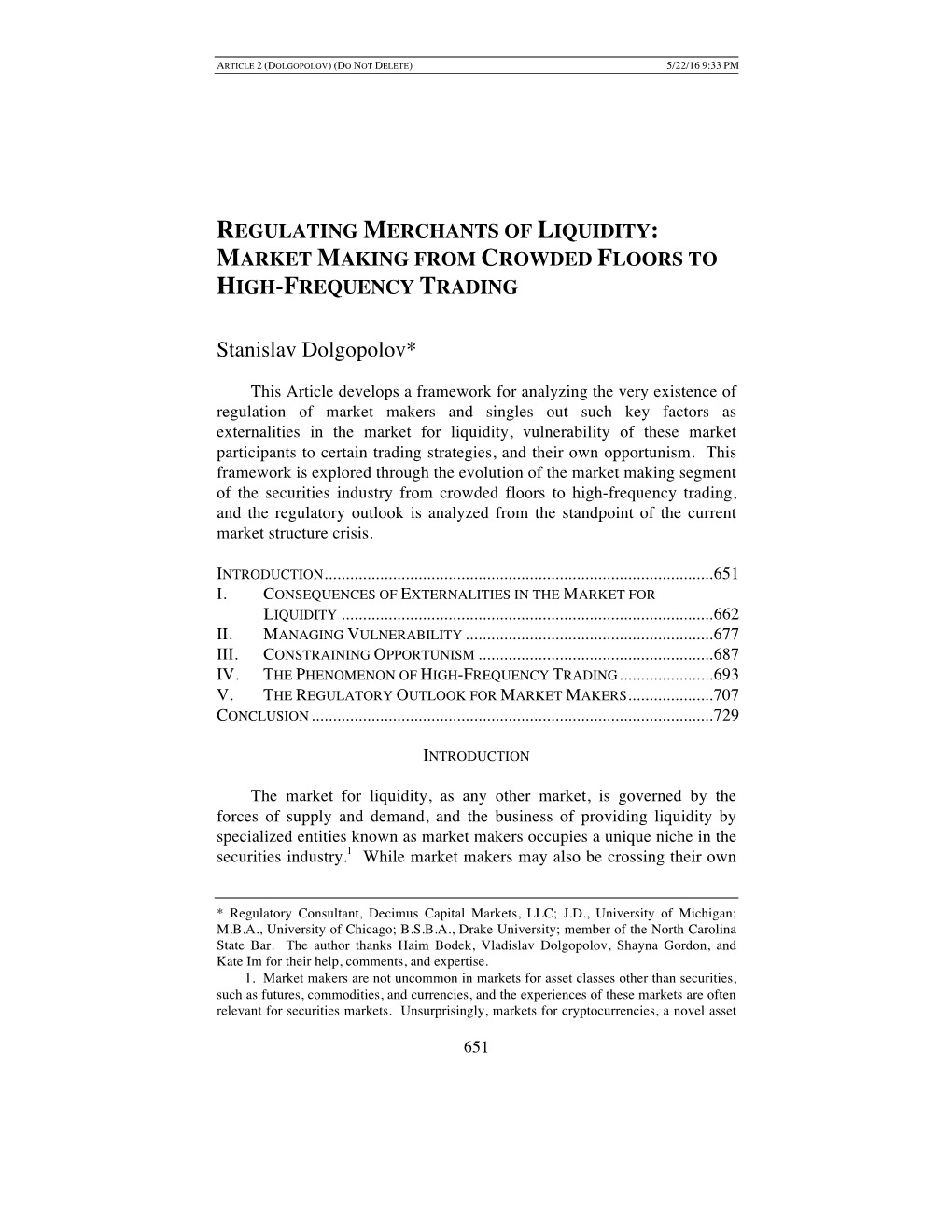 Regulating Merchants of Liquidity: Market Making from Crowded Floors to High-Frequency Trading