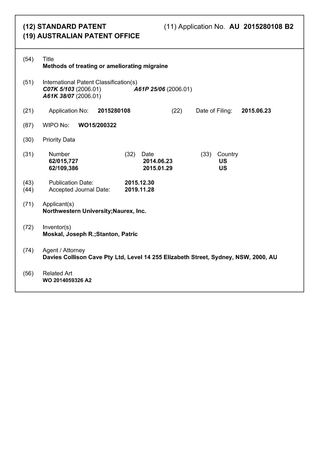 (12) STANDARD PATENT (11) Application No. AU 2015280108 B2 (19) AUSTRALIAN PATENT OFFICE