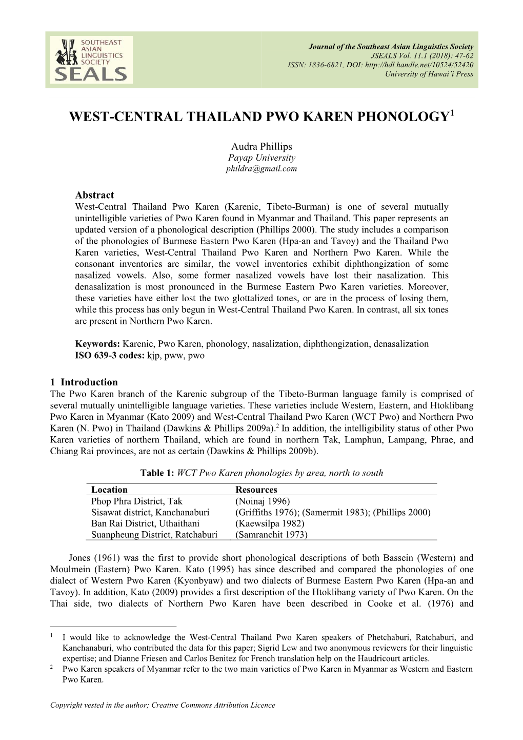 West-Central Thailand Pwo Karen Phonology1