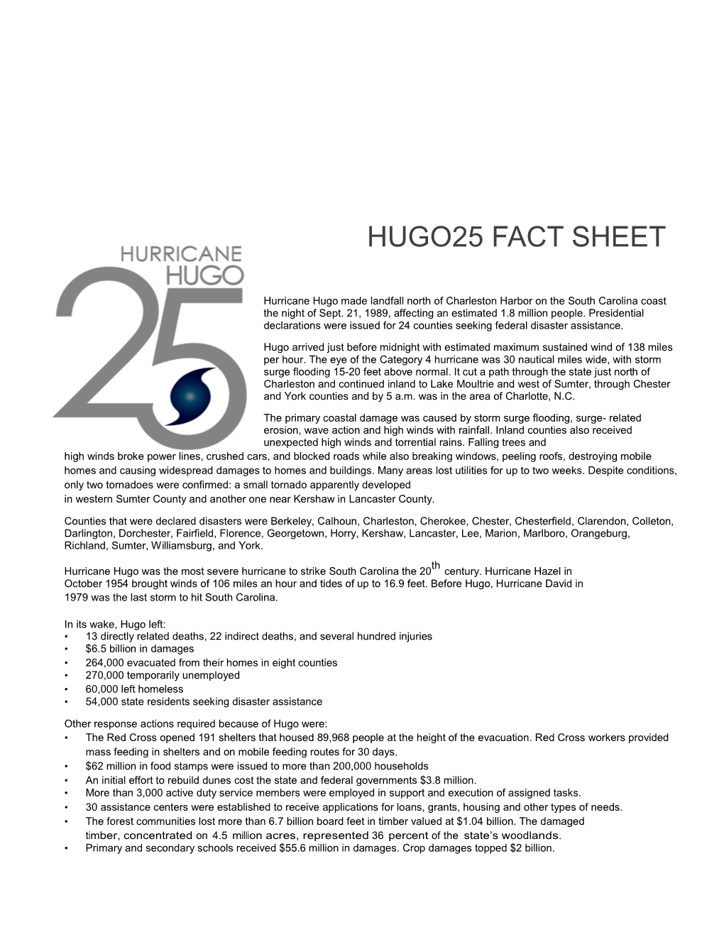 Hurricane Hugo Fact Sheet