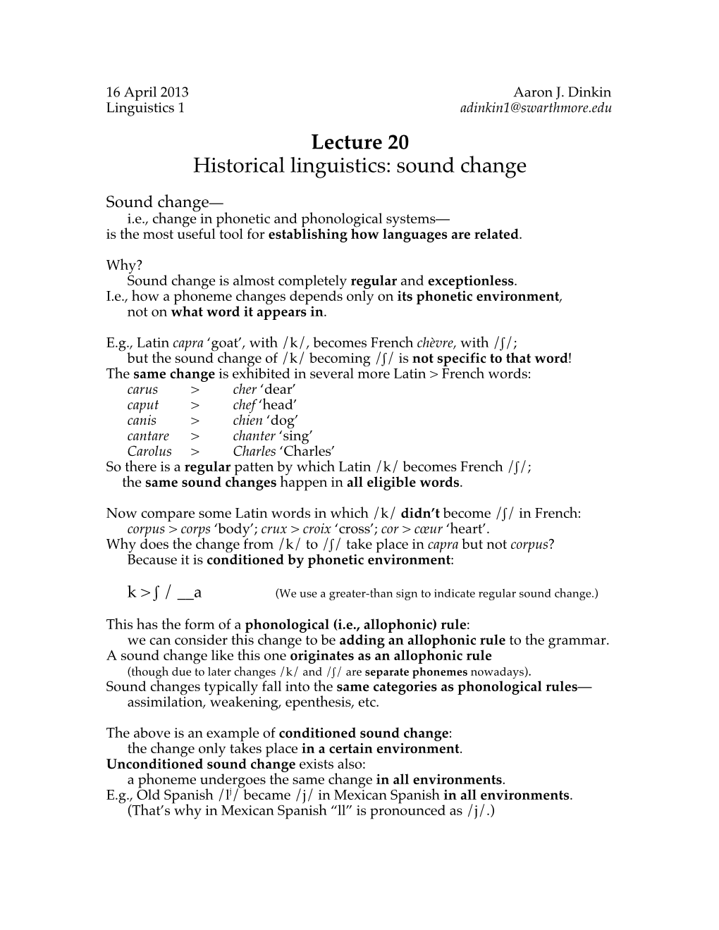 Lecture 20 Historical Linguistics: Sound Change