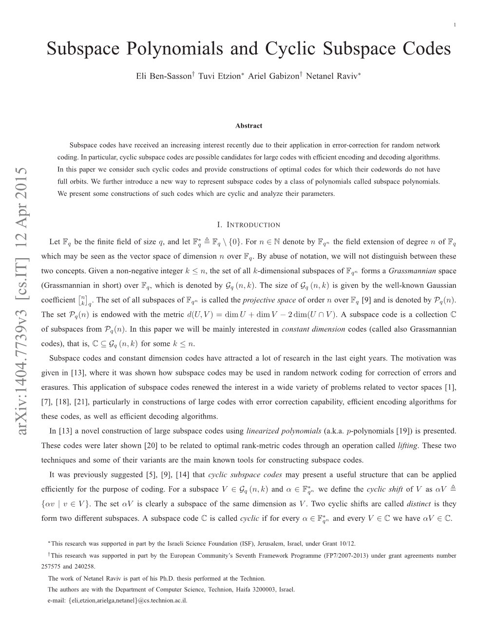 Subspace Polynomials and Cyclic Subspace Codes,” Arxiv:1404.7739, 2014