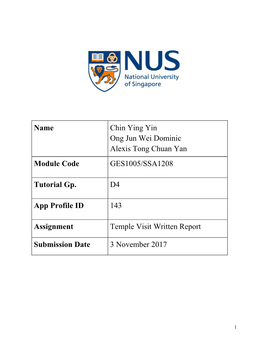 Name Chin Ying Yin Ong Jun Wei Dominic Alexis Tong Chuan Yan Module Code GES1005/SSA1208