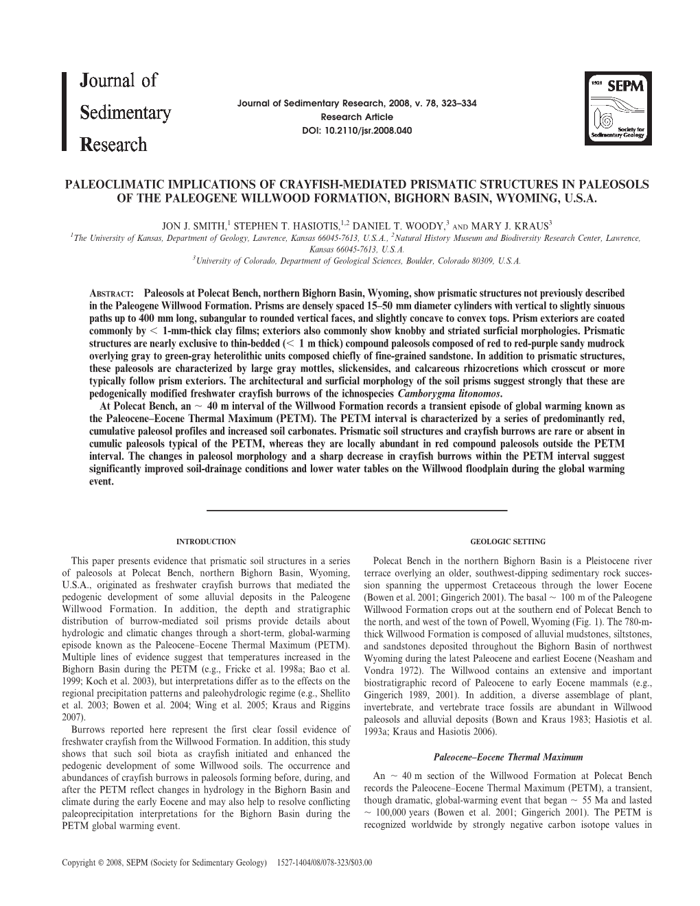 Paleoclimatic Implications of Crayfish-Mediated Prismatic Structures in Paleosols of the Paleogene Willwood Formation, Bighorn Basin, Wyoming, U.S.A