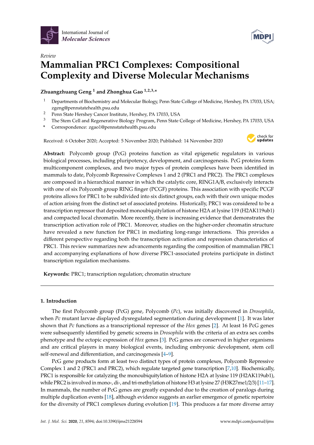 Mammalian PRC1 Complexes: Compositional Complexity and Diverse Molecular Mechanisms