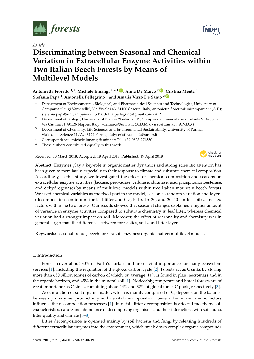 Discriminating Between Seasonal and Chemical Variation in Extracellular Enzyme Activities Within Two Italian Beech Forests by Means of Multilevel Models