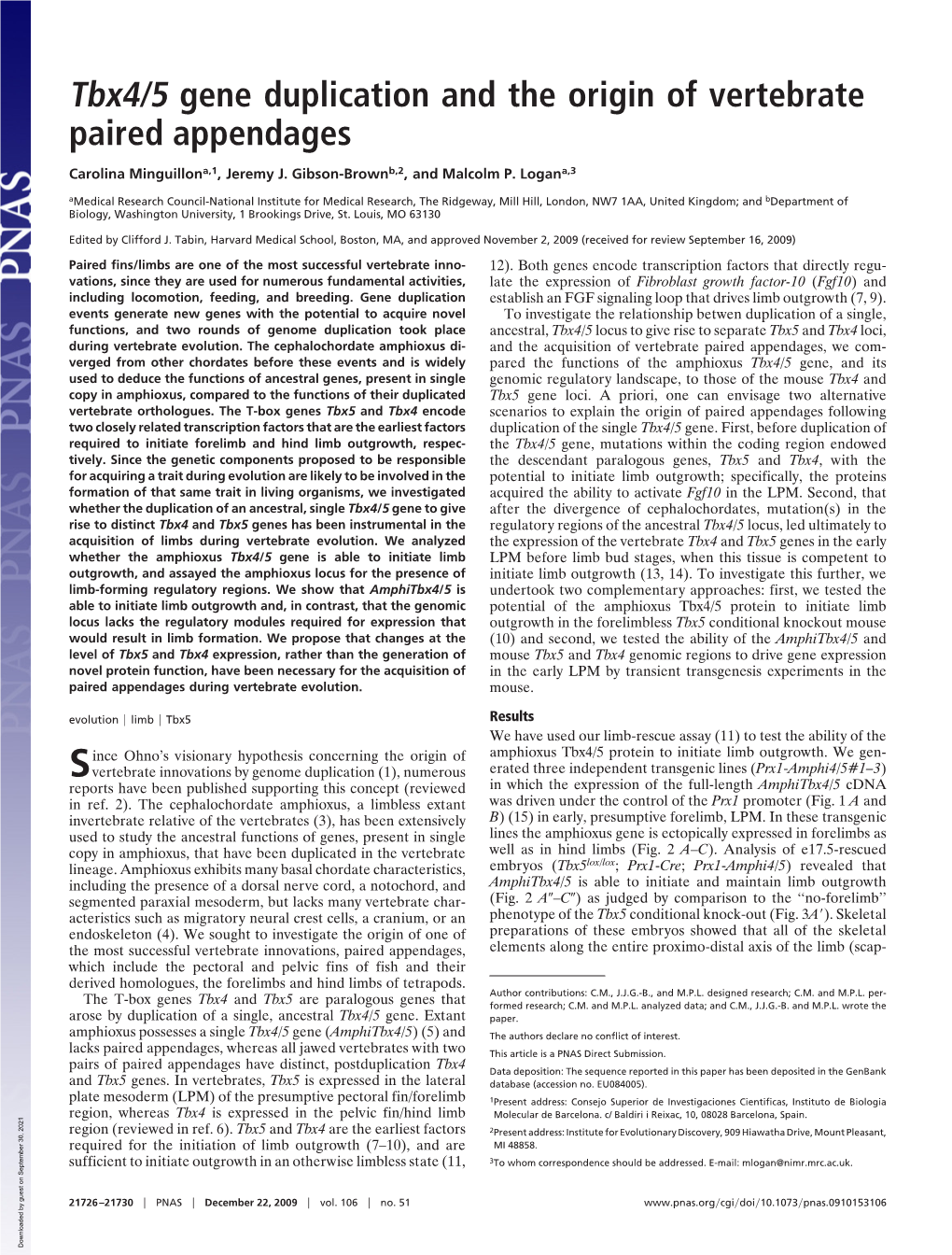 Tbx4/5 Gene Duplication and the Origin of Vertebrate Paired Appendages