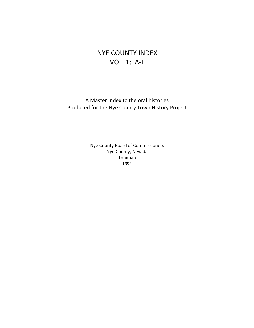 Nye County Index Vol. 1: A-L