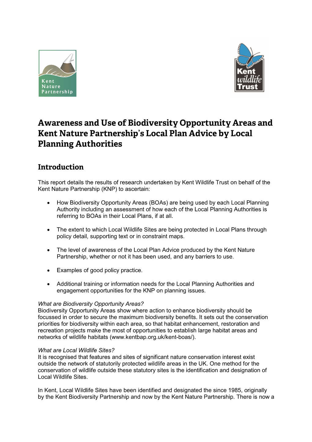Awareness and Use of Biodiversity Opportunity Areas and Kent Nature Partnership’S Local Plan Advice by Local Planning Authorities